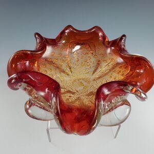 Murano Blown Glass Bowl Amberina Bullicante Controlled Bubble Silver Fleck Italy